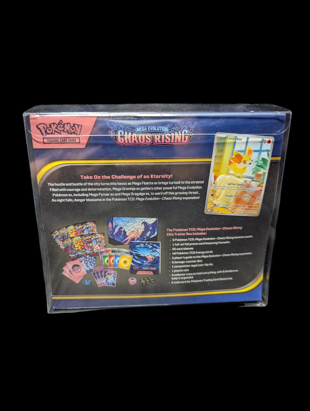 Pokemon TCG MEGA LEAGUE CHAOS RISING Starter Box back view, sealed in a clear plastic protective sleeve, set against a black fabric background.